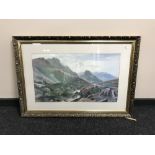 A large gilt framed colour print, cattle watering in a highland landscape,