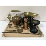 A tray containing vintage kitchen scales with weights, antique copper and brass kettle,