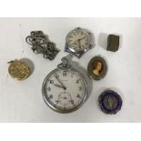 A box containing a military pocket watch and Moeris military wristwatch, silver nursing badge,