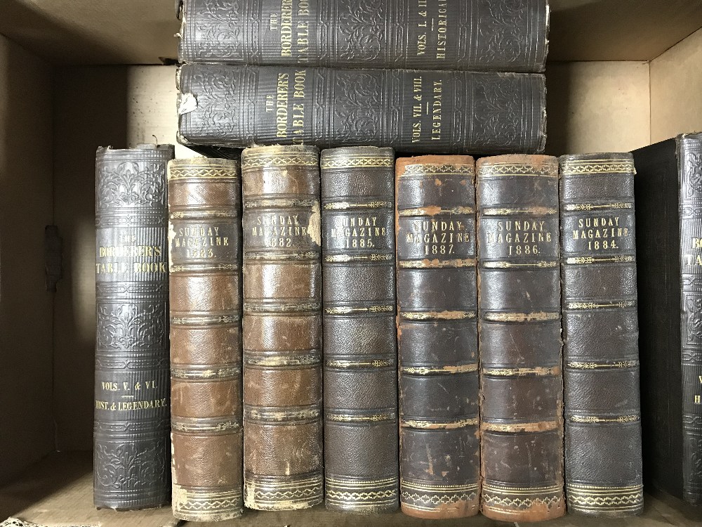 A box of six leather bound volumes : Sunday Magazines dated 1880's and four volumes : The Borderers