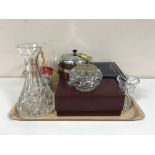 A tray containing Waterford crystal carafe, lead crystal vase and sugar basin,