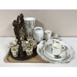 A tray containing Aynsley vases and plates, Goss pieces, Maling vase,