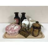 A tray containing a pair of Chokin vases, lidded midwinter muffin dish, Sylvac lidded jar,