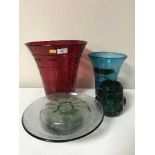 Five pieces of late 20th century coloured studio glass ware