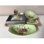 A tray of Maling Rosalind dishes, Maling Rosine plate, similar bowl, Goebel figure,