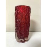 A Whitefriars ruby red cylindrical bark vase,