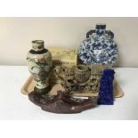Oriental wares to include a soapstone figure, Chinese carved lapis lazuli ornament,