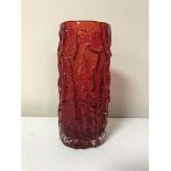 A Whitefriars ruby red cylindrical bark vase,