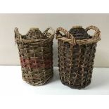 Two basket weave cider flagons together with a box containing assorted china, metal ware,