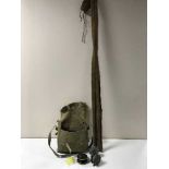 A two piece split cane fishing rod together with a fishing bag containing reels, line,