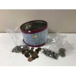 A tin containing a large quantity of British pre-decimal coinage etc,