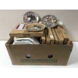 A box containing a large quantity of collector's plates and two boxes containing pottery teapot,