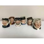 Six small Royal Doulton character jugs - Beefeater, Arry,