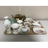 A tray of Wedgwood Sweet Meadow and Aynsley Wild Tudor china, copper lustre teapot,