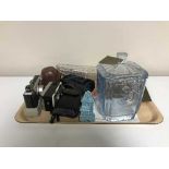 A tray of assorted cameras, continental glass lidded jar, pressed glass boat,