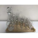 A tray of lead crystal drinking glasses, J G Durand decanter,