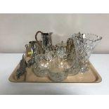 A tray of three piece 20th century plated tea service and plated coffee pot,