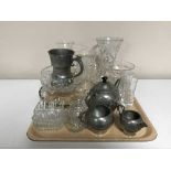 A tray of assorted cut glass and crystal vases, pewter tea service,