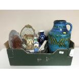 A box of blue and white Chinese style vases, large West German vase, coloured glass ware,