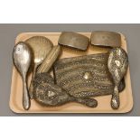 A collection of silver and silver mounted dressing table items including a silver tray (9)