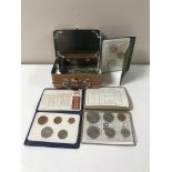 A small tin of coins - Decimal coin wallet, tin of copper farthings, Spanish coins etc.