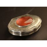 Georgian silver oval box with engraved band and agate cabochon,