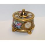 Spode inkwell of slightly tapering circular form with central covered inkwell flanked by two