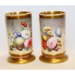 Pair of English porcelain spill vases of cylindrical form, each with gilt rim & turned gilt foot,