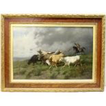 A LEIMAN, 19TH CENTURY CONTINENTAL SCHOOL. Mounted Herdsman droving cattle. Oil on lined canvas.