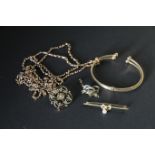 Gold long chain , probably 9ct, a bangle with ball terminals, a gem set pendant 750,