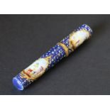 Attractive Staffordshire enamel needle case, cylindrical with gilt metal mounts,