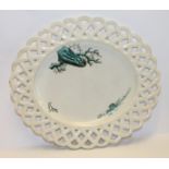 Wedgwood creamware oval stand with reticulated basket form rim decorated in greens with shells &