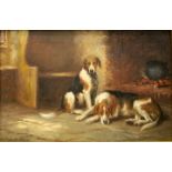 WILSON HEPPLE. Two hounds by a fireside. Oil on canvas. Signed. 19cm x 29cm.