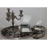 Collection of ep to include oval gallery tray, a candelabrum, two entree dishes and covers,