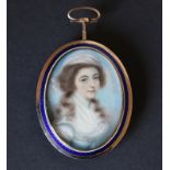 Late 18th century miniature portrait of a young woman with white bodice, bonnet & pearls,