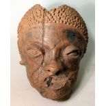 Antique Nigerian terracotta mask with textured hair & heavily lidded eyes, a.f.