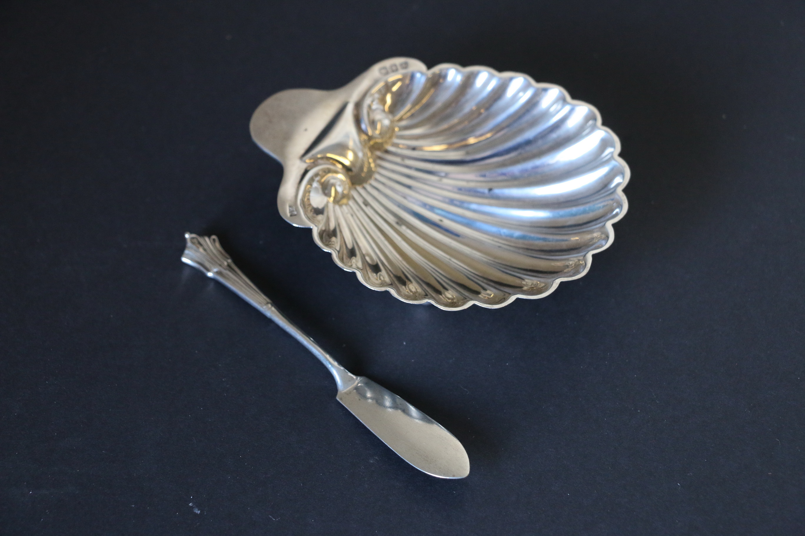 Victorian silver butter shell with knife,