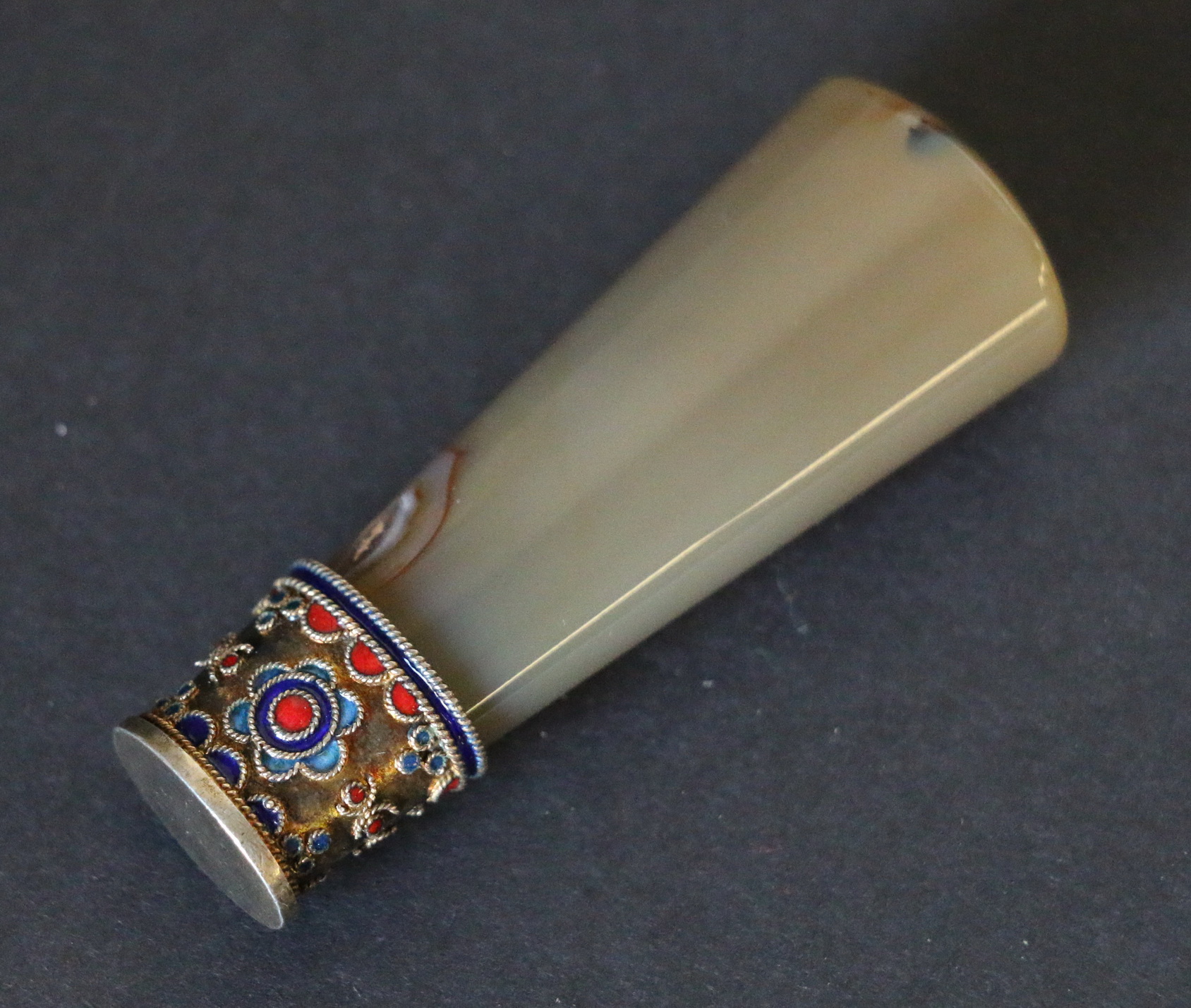 Continental agate seal with champleve enamel & silver gilt mount. Condition Report.