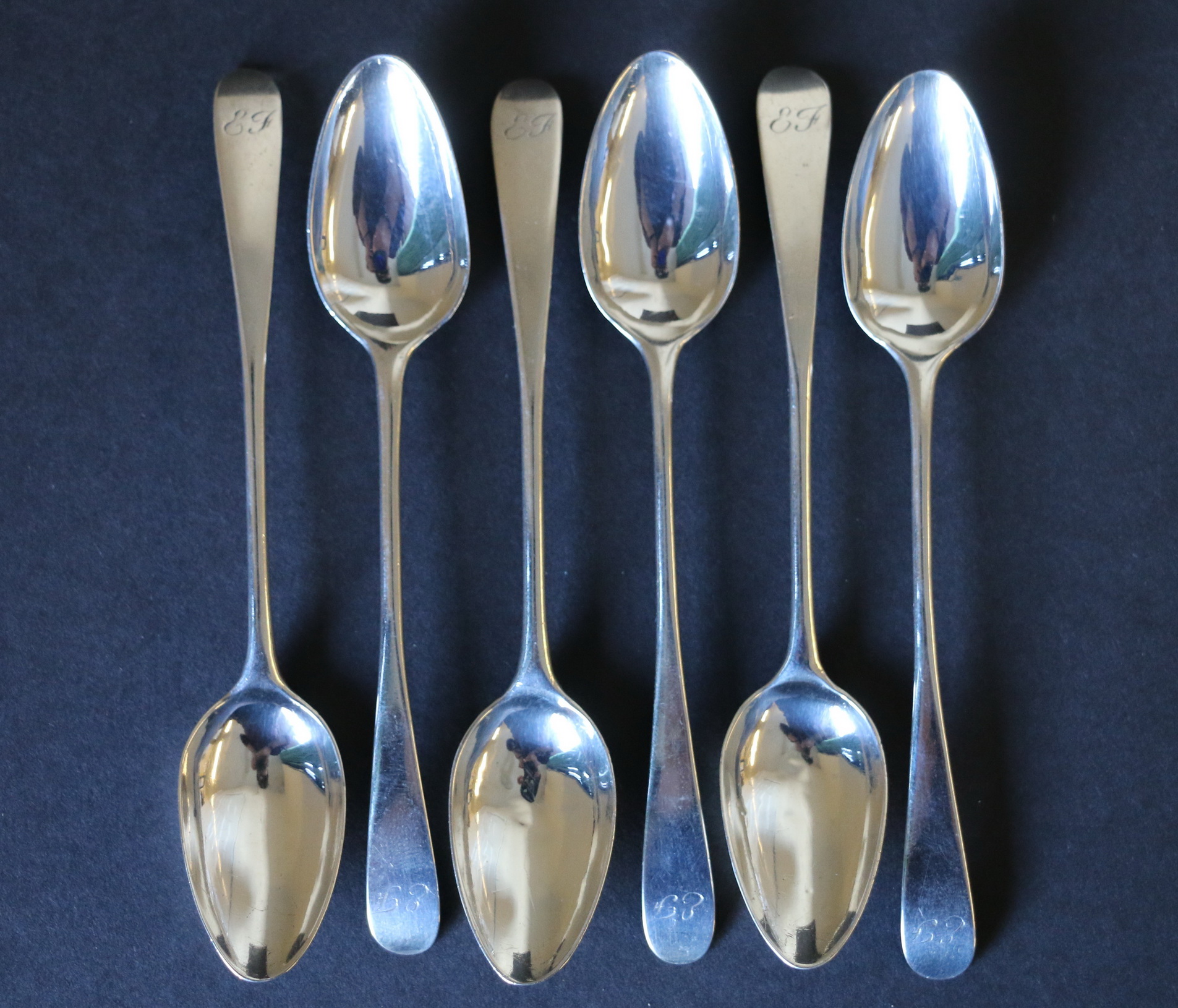 Set of six Scottish silver tea spoons of very slender shape, initialled, possibly by A.