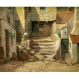 WILLIAM EASTWOOD. Steps & buildings. Oil on board. Signed. 30cm x 36cm.