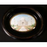 Pair of 19th century Indian Miniaturist oval paintings of the Taj Mahal & an interior, 7.5 x 11.