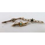 Tourmaline and pearl bar brooch and two others 9ct. (3).