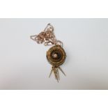 Victorian gold pendant with enamel pearl and tassel dependant, on necklet.