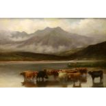 S E HOGLEY. Highland Cattle in a mountainous landscape. Oil on canvas. 59cm x 89cm. Signed.