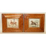 Humorous hunting prints, pair of colour prints in broad maple frames.