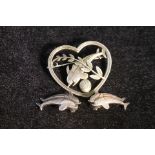 Georg Jensen silver heart brooch pierced with dolphins and spray, no.