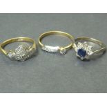 Diamond and sapphire cluster ring in white gold and two others. all 18ct. (3).