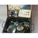 Nine Zodiac charms, two Indian silver cups and other items in a deed box.