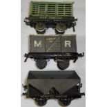 Three Hornby bolt-together wagons. 'Milk Traffic', 'M.R. Luggage Van' & hopper wagon. Circa 1924.