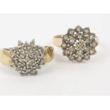 Two diamond cluster rings with small mixed brilliants in 9ct gold. Condition Report.